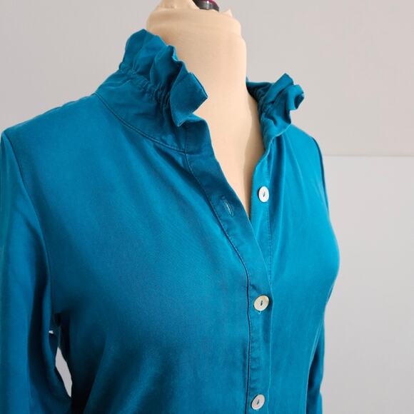 Soft Surroundings Teal Ruffle Collar Button Front Tunic Top Button Back Detail S - Picture 8 of 11